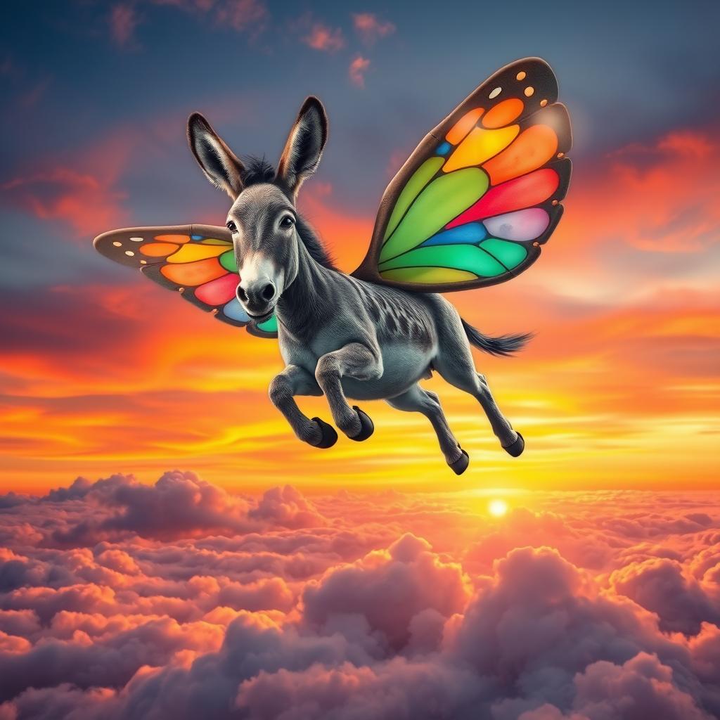 A majestic winged donkey soaring through a vibrant sky, featuring large, colorful wings that resemble those of a butterfly