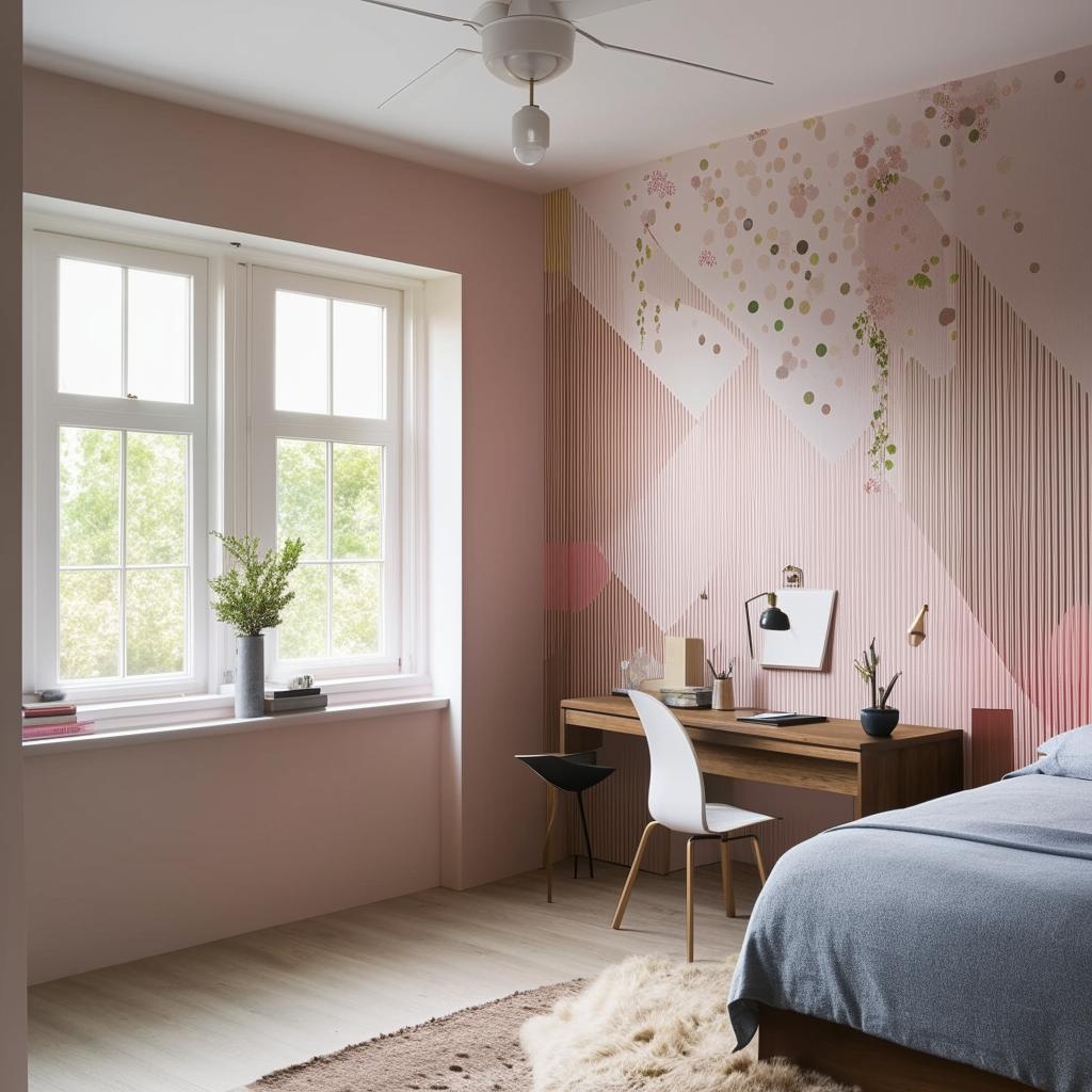 A spacious bedroom featuring a modern desk by a large window, with a tastefully decorated wall adding to the interior aesthetics