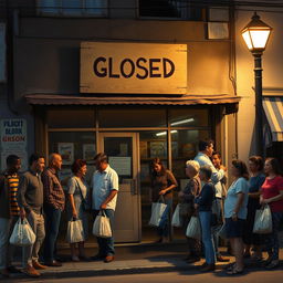 A small grocery store in a 1990s setting with its doors shut and a wooden sign hanging above that reads 'Closed