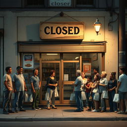 A small grocery store in a 1990s setting with its doors shut and a wooden sign hanging above that reads 'Closed
