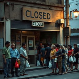 A small grocery store in a 1990s setting with its doors shut and a wooden sign hanging above that reads 'Closed