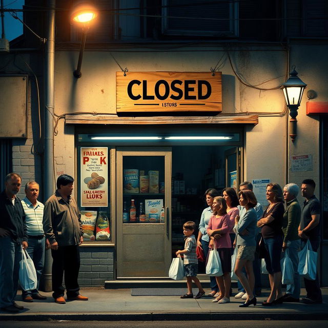 A small grocery store in a 1990s setting with its doors shut and a wooden sign hanging above that reads 'Closed