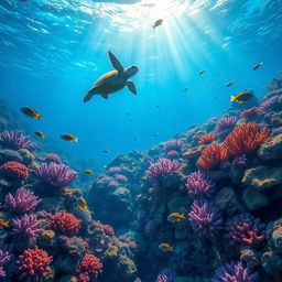 A mesmerizing underwater scene depicting a colorful coral reef teeming with vibrant marine life