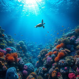 A mesmerizing underwater scene depicting a colorful coral reef teeming with vibrant marine life