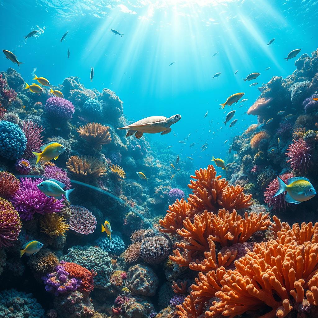 A mesmerizing underwater scene depicting a colorful coral reef teeming with vibrant marine life