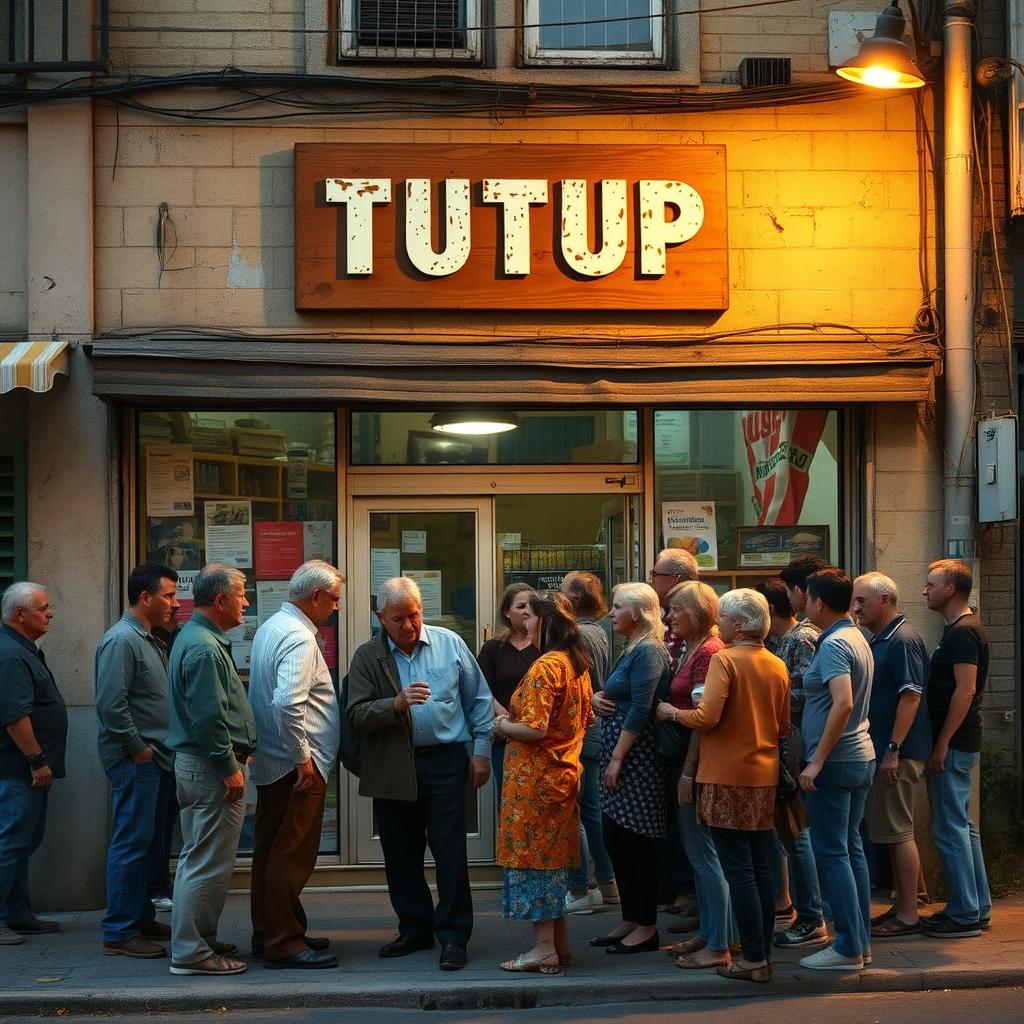 A small grocery store from the 1990s, with its doors shut and a wooden sign that reads 'TUTUP