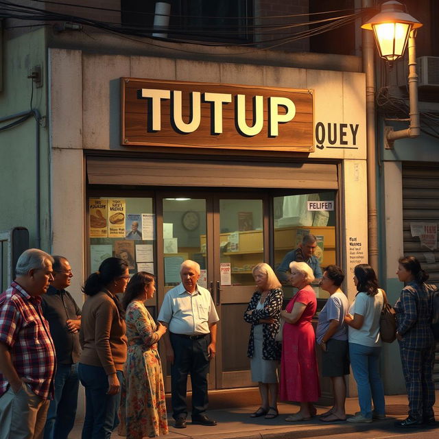 A small grocery store from the 1990s, with its doors shut and a wooden sign that reads 'TUTUP