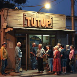 A small grocery store from the 1990s, with its doors shut and a wooden sign that reads 'TUTUP