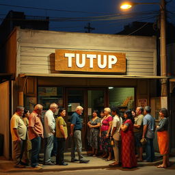 A small grocery store from the 1990s, with its doors shut and a wooden sign that reads 'TUTUP