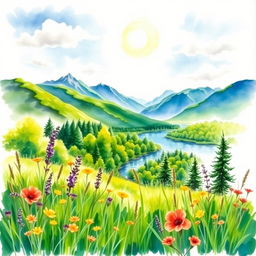 A beautiful watercolor painting depicting a serene landscape with vibrant colors