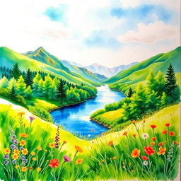 A beautiful watercolor painting depicting a serene landscape with vibrant colors