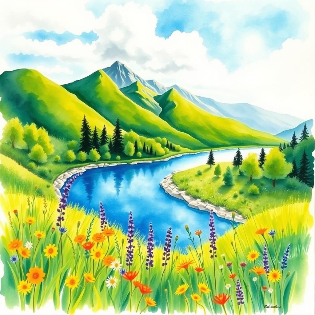 A beautiful watercolor painting depicting a serene landscape with vibrant colors