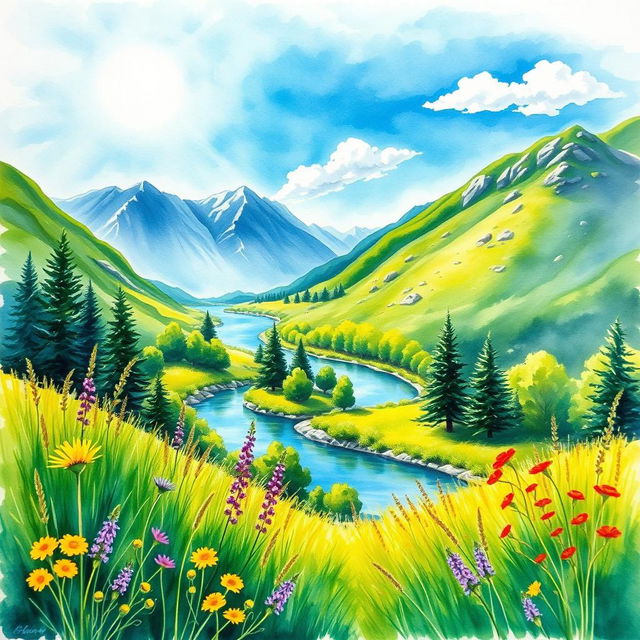 A beautiful watercolor painting depicting a serene landscape with vibrant colors