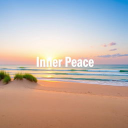 A realistic image of a serene beach at sunrise, featuring soft pastel colors reflecting on gentle waves, with a few clouds in a clear sky creating a tranquil atmosphere