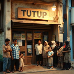A nostalgic scene of a small grocery store set in east Java during the 1990s, with its doors firmly shut and a weathered wooden sign above that reads 'TUTUP