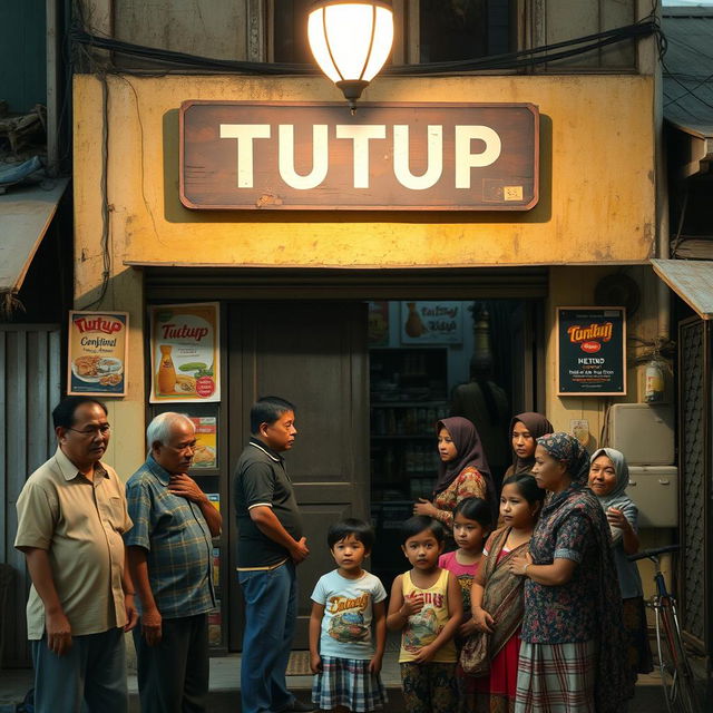 A nostalgic scene of a small grocery store set in east Java during the 1990s, with its doors firmly shut and a weathered wooden sign above that reads 'TUTUP