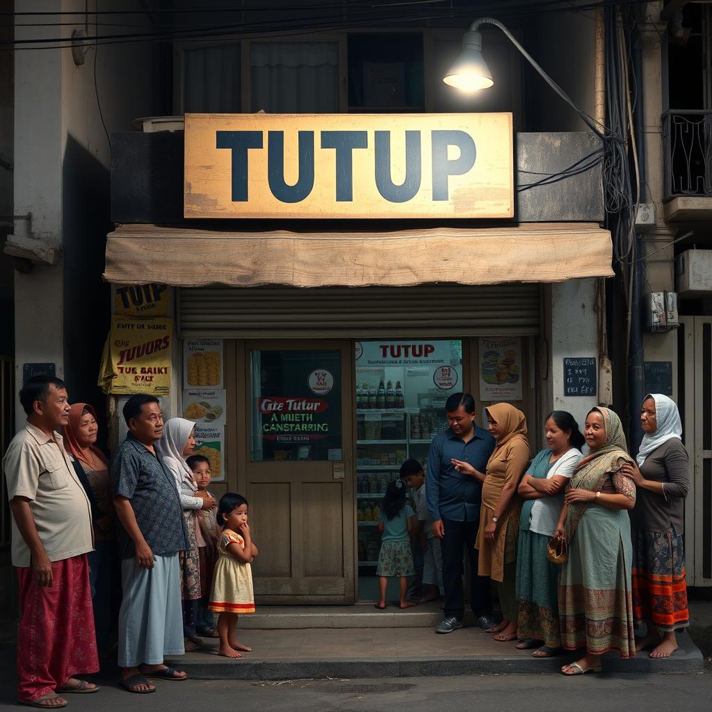 A nostalgic scene of a small grocery store set in east Java during the 1990s, with its doors firmly shut and a weathered wooden sign above that reads 'TUTUP