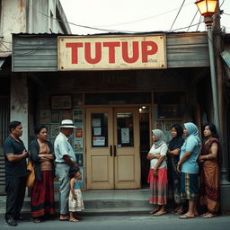 A nostalgic scene of a small grocery store set in east Java during the 1990s, with its doors firmly shut and a weathered wooden sign above that reads 'TUTUP