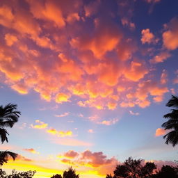 A breathtaking sky at sunset, filled with vibrant shades of orange, pink, and purple blending beautifully into a deep blue