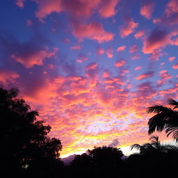 A breathtaking sky at sunset, filled with vibrant shades of orange, pink, and purple blending beautifully into a deep blue