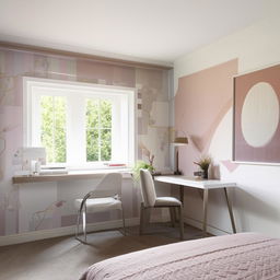 A spacious bedroom featuring a modern desk by a large window, with a tastefully decorated wall adding to the interior aesthetics