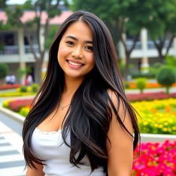 A beautiful woman with large rounded breasts, representing a university student from Bengkulu, Indonesia