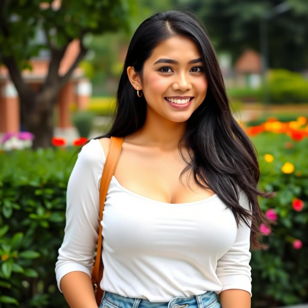 A beautiful woman with large rounded breasts, representing a university student from Bengkulu, Indonesia