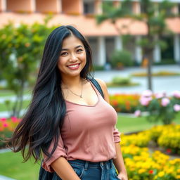 A beautiful woman with large rounded breasts, representing a university student from Bengkulu, Indonesia