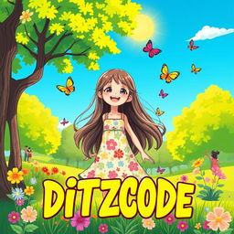 A vibrant, colorful illustration featuring a girl with cheerful expressions playing in a sunny park