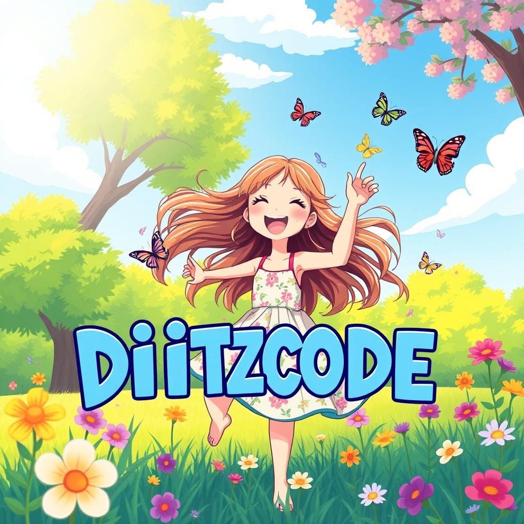 A vibrant, colorful illustration featuring a girl with cheerful expressions playing in a sunny park