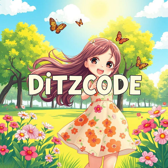 A vibrant, colorful illustration featuring a girl with cheerful expressions playing in a sunny park