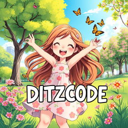A vibrant, colorful illustration featuring a girl with cheerful expressions playing in a sunny park