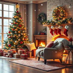 A festive Christmas-themed scene featuring a cozy living room decorated for the holidays