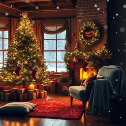 A festive Christmas-themed scene featuring a cozy living room decorated for the holidays