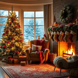 A festive Christmas-themed scene featuring a cozy living room decorated for the holidays
