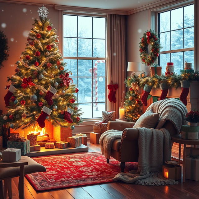 A festive Christmas-themed scene featuring a cozy living room decorated for the holidays