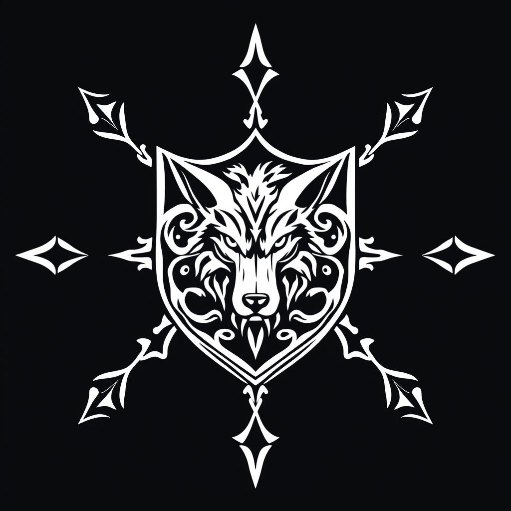 A logo design for a university inspired by werewolf symbols, featuring intricate, hand-drawn styles similar to those found in the Harry Potter logo
