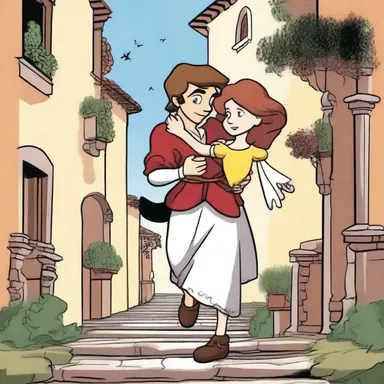 In the cartoon, Romeo is portrayed as a hopeless romantic chasing after his beloved Juliet.