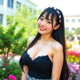 A beautiful and playful Chinese woman with large rounded breasts, representing a university student