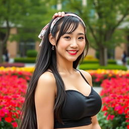 A beautiful and playful Chinese woman with large rounded breasts, representing a university student