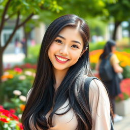 A gorgeous and flirty Chinese woman with large, rounded breasts, embodying the style and spirit of a university student