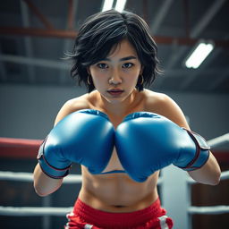 A realistic depiction of a Korean girl engaged in a boxing match within an underground boxing ring