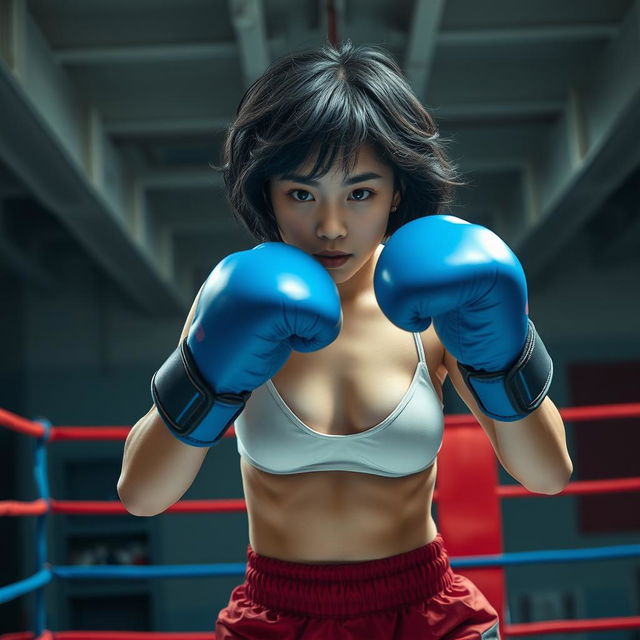 A realistic depiction of a Korean girl engaged in a boxing match within an underground boxing ring