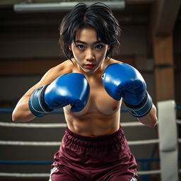 A realistic depiction of a Korean girl engaged in a boxing match within an underground boxing ring