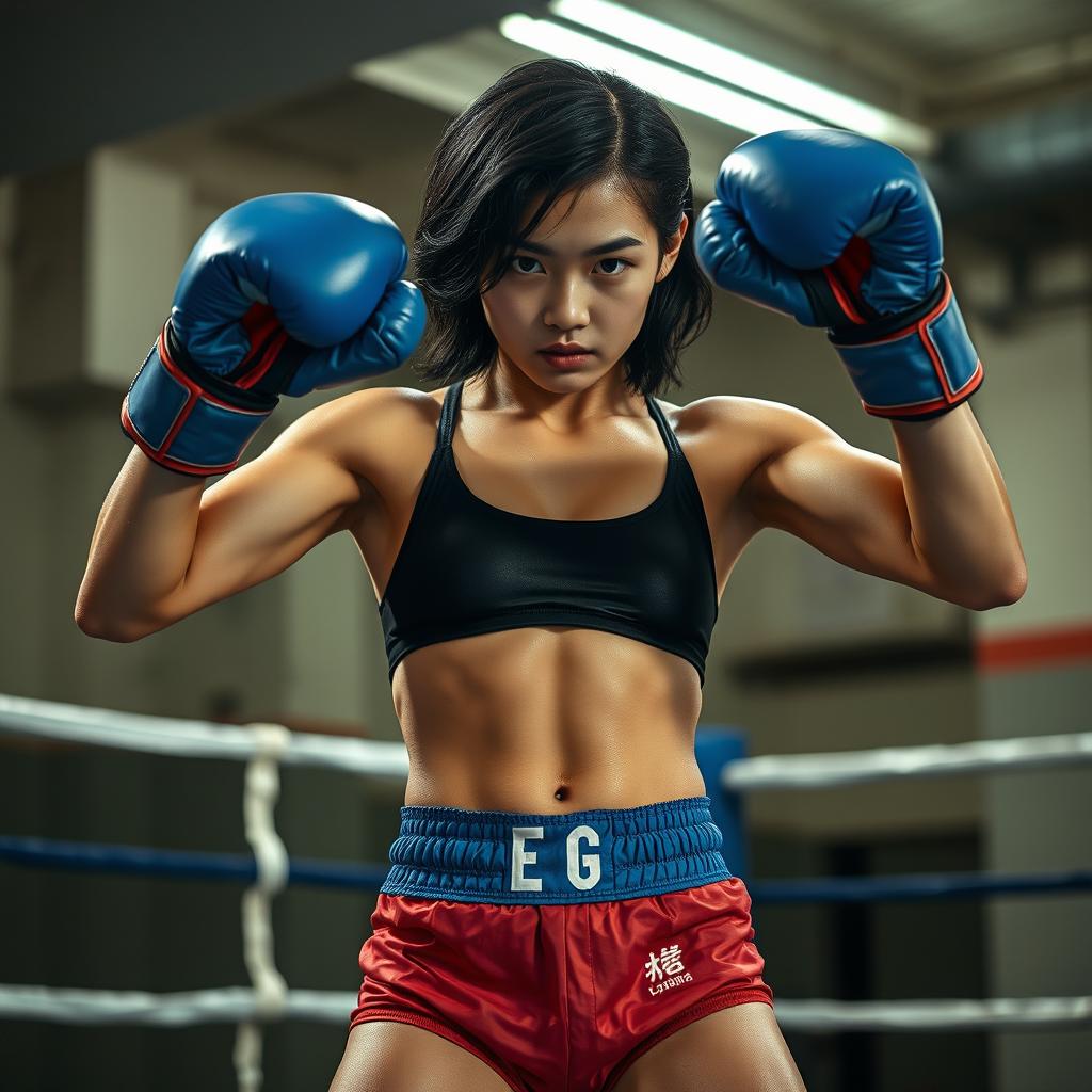 A fierce Korean girl in an underground boxing ring, showcasing her determination as she fights