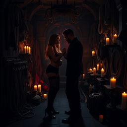 A bold and provocative representation of kink culture, showcasing an elaborate dungeon setting filled with various whips, ropes, and other BDSM gear
