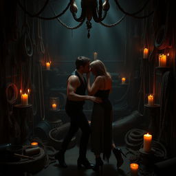 A bold and provocative representation of kink culture, showcasing an elaborate dungeon setting filled with various whips, ropes, and other BDSM gear
