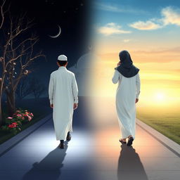 Two Muslim individuals, one dressed in traditional white clothing walking on a illuminated path representing light, surrounded by soft ethereal glows, while the other, in darker hues, strolls along a shadowy, dimly lit path symbolizing darkness