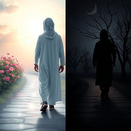 Two Muslim individuals, one dressed in traditional white clothing walking on a illuminated path representing light, surrounded by soft ethereal glows, while the other, in darker hues, strolls along a shadowy, dimly lit path symbolizing darkness