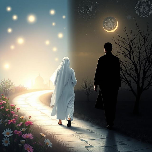 Two Muslim individuals, one dressed in traditional white clothing walking on a illuminated path representing light, surrounded by soft ethereal glows, while the other, in darker hues, strolls along a shadowy, dimly lit path symbolizing darkness